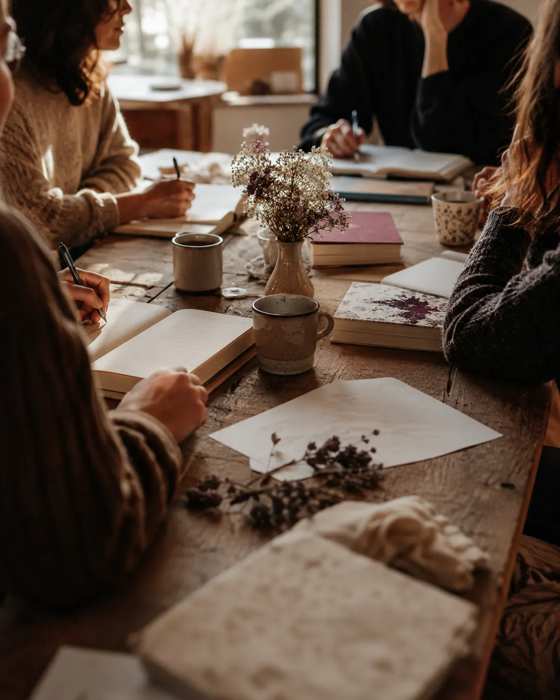 Un petit groupe écrit autour d'une table en bois garnie de carnets et de fleurs séchées